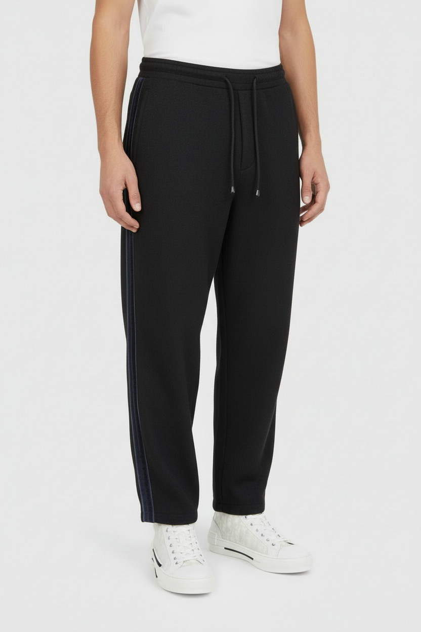 Black Luxury Wool Relax Track Trouser - with velvet stripe